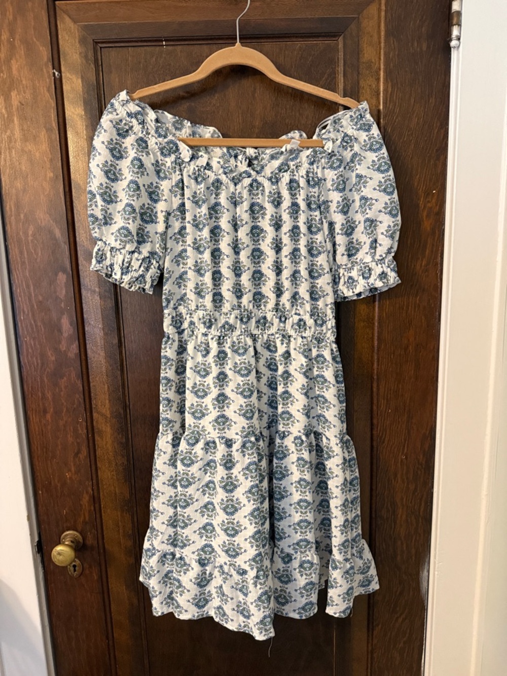 Blu Pepper Blue and White Floral Off-Shoulder Tiered Dress